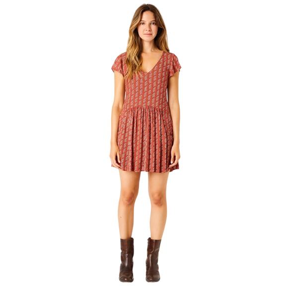 Garnet Hill V Neck Cap Sleeve Floral/Leaf Print A-Line Dress in Rust size 2 - Picture 1 of 6